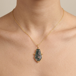 Natural moss agate coffin shape pendant charms 18k gold plated solid brass bezel set geometric gemstone pendant chain necklace - Product Image 3