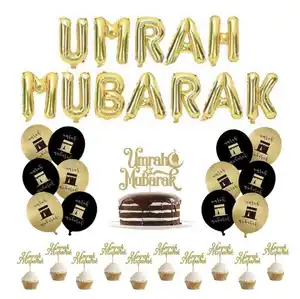 Pafu umrah Mubarak vàng và đen lá và Latex bóng đặt bánh cupcake Topper umrah Mubarak trang trí bộ