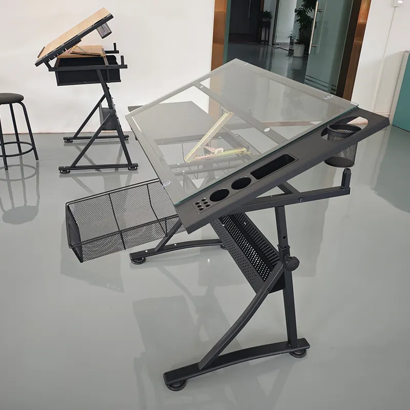 Adjustable angle glass tabletop for architectural engineering student drawing desk