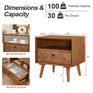 Comodino in Legno Stile Mid-Century Moderno, 22 Pollici, 1 Cassetto, Ripiano Aperto, Gambe in Legno Massello - Product Image 5