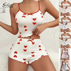 Sfy-y5165 vendita estiva Sexy <span class=keywords><strong>pigiama</strong></span> da <span class=keywords><strong>donna</strong></span> Sexy lavorato a maglia con stampa cuore e pantaloncini da notte completo da <span class=keywords><strong>donna</strong></span> 2 pezzi <span class=keywords><strong>pigiama</strong></span> da <span class=keywords><strong>donna</strong></span> - Product Image 1