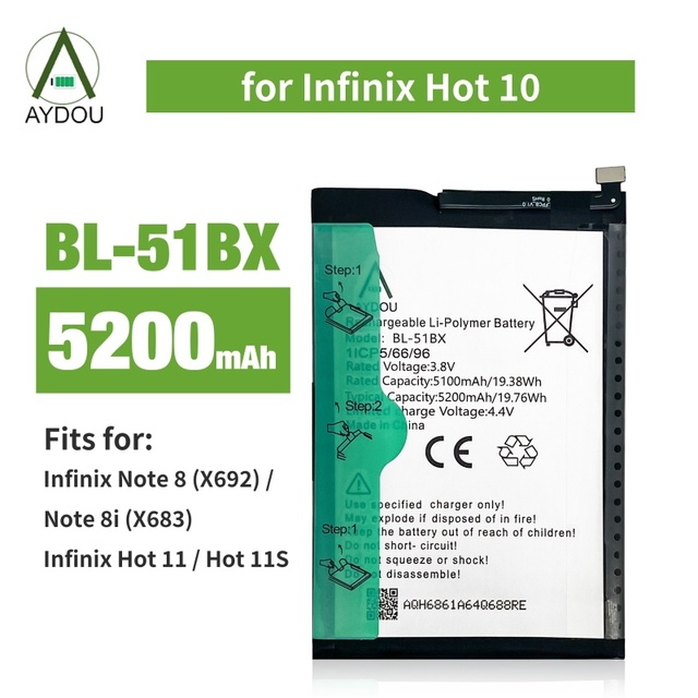 Wholesale AYDOU Rechargeable Li-ion Cell Phone Battery BL-51BX Infinix Hot 10 5200mAh 3.75V 12-Month Warranty Stock 24/7 Support