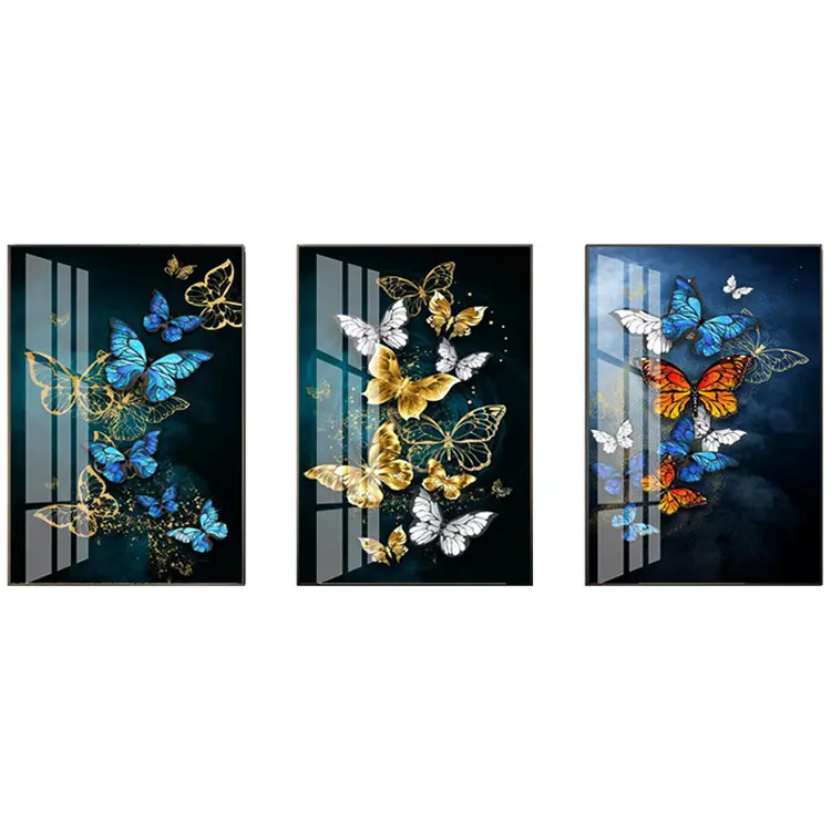 Wholesale Hand Work Glass Crystal Porcelain Paintings Golden Butterfly Custom Wall Art Animal Printed Painting