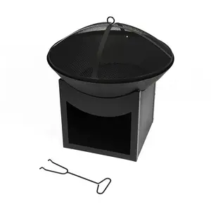 Outdoor Round Brazier With Log Storage Bottom Wood Burning Fire Pit with Poker Wire Mesh Cover Heater