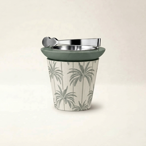 Palm Tree Pattern Metal Ice Bucket With Green Leather Trim Lid And <b>Silver</b> Tongs For Drinks Home Hotel Restaurant Decor Ramadan - Product Image 1