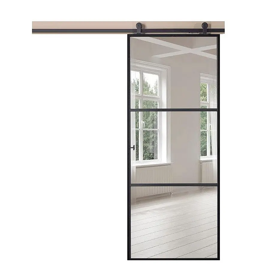 Porta de metal duplo para baralho, porta de vidro deslizante usada, moldura preta fosca + vidro transparente ou painel de madeira, aço interior CN;