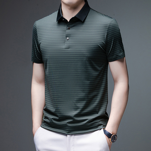 T-shirt à manches courtes en soie de glace froide hommes d'été d'âge moyen et personnes âgées sans couture rayé demi-manche chemise revers sweat nouveau - Product Image 2