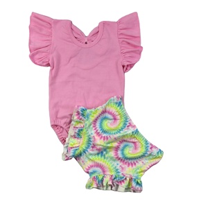 Qingli OEM No Tariffs Ruffle 2 Piece Set for Girls Kids <strong>Cute</strong> Pink Custom Smock <strong>Tshirt</strong> and Shorts Set for Kids - Product Image 4