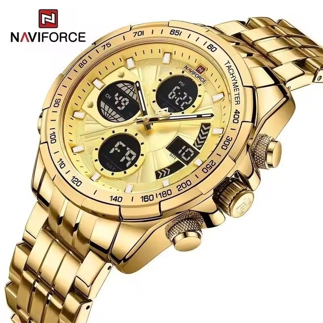 Naviforce 9197 NF9197 Gold Quartz Watches for Men Sport  Reloj Clock Luminous Original Digital Waterproof Chronograph Wristwatch