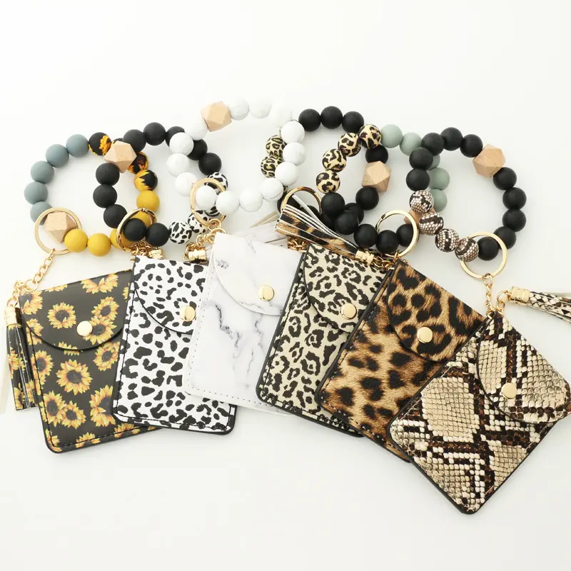 Q1602 Cheetah Wristlet Bracelet Card Holder Purse Multi Function Key Ring Bangle Wallet Leopard Bead Tassel Key Chains