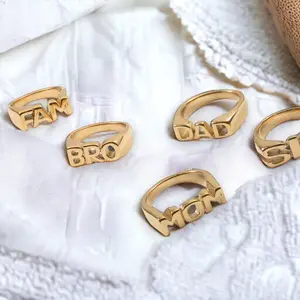 18k gold plated titanium steel rings Personalized family word jewelry Gold statement Mom Dad Sister word rings