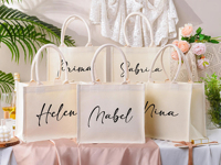 Sacs fourre-tout en toile personnalisés pour demoiselles d'honneur avec logo sur mesure - Sacs cadeaux de mariage pour la plage à ouverture ouverte, été et automne