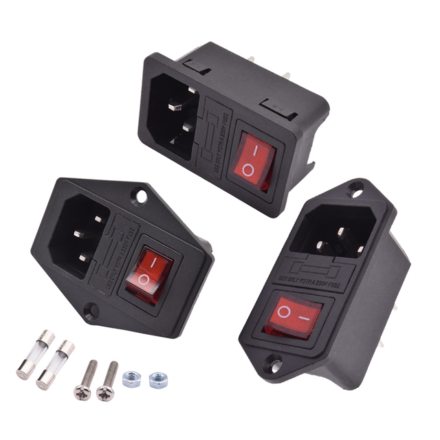 10A 250V AC  IEC 320 C13 C14 Fuse Bracket Power Cord Cable Adapter Inlet Male Plug Socket Connector with Red Rocker Switch