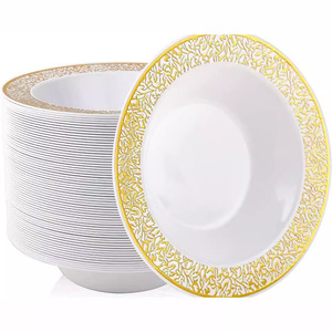 Assiettes en plastique jetables dorées creuses de 12 oz, 7,5 pouces de profondeur, design moderne, vaisselle en PP métallique pour fête, assiettes à salade, à soupe, à dîner gravées - Product Image 1