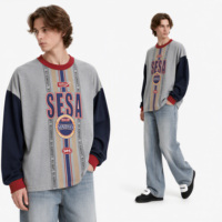 T-shirt à manches longues en tricot contrasté pour homme, style streetwear hip-hop, 300 grammes, imprimé graphique rétro, col rond