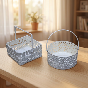 AK Panier en métal rond et carré en laiton découpé au laser avec poignée en blanc fini Ensemble de 2 pour les cadeaux de festival/décoration de table - Product Image 4
