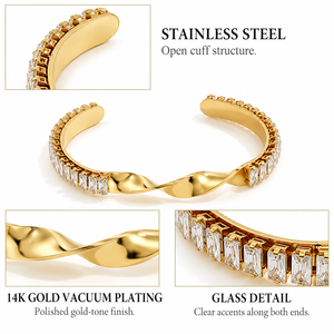 Brazalete Abierto Trenzado, Acero Inoxidable y Cristal con Baño de Oro de 14K, Brazalete Escultural en Tono Dorado - Product Image 3