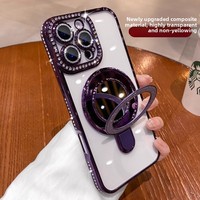 Housse de protection haut de gamme avec support de miroir en diamant scintillant magnétique pour iPhone 16 Pro Max 15 Pro Max