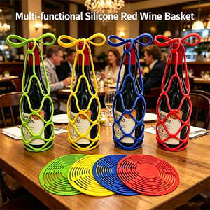Porte-bouteille de vin portable en silicone 2-en-1 avec sac en maille extensible et dessous de <span class=keywords><strong>verre</strong></span> résistant à la chaleur – Idéal <span class=keywords><strong>pour</strong></span> pique-nique, fête ou cadeau de pendaison de crémaillère - Product Image 5