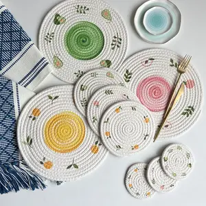 Non-Slip Heat-Resistant Round Cotton Rope Ribbed Hand Woven Thicken Coaster Placemats For Dining Table