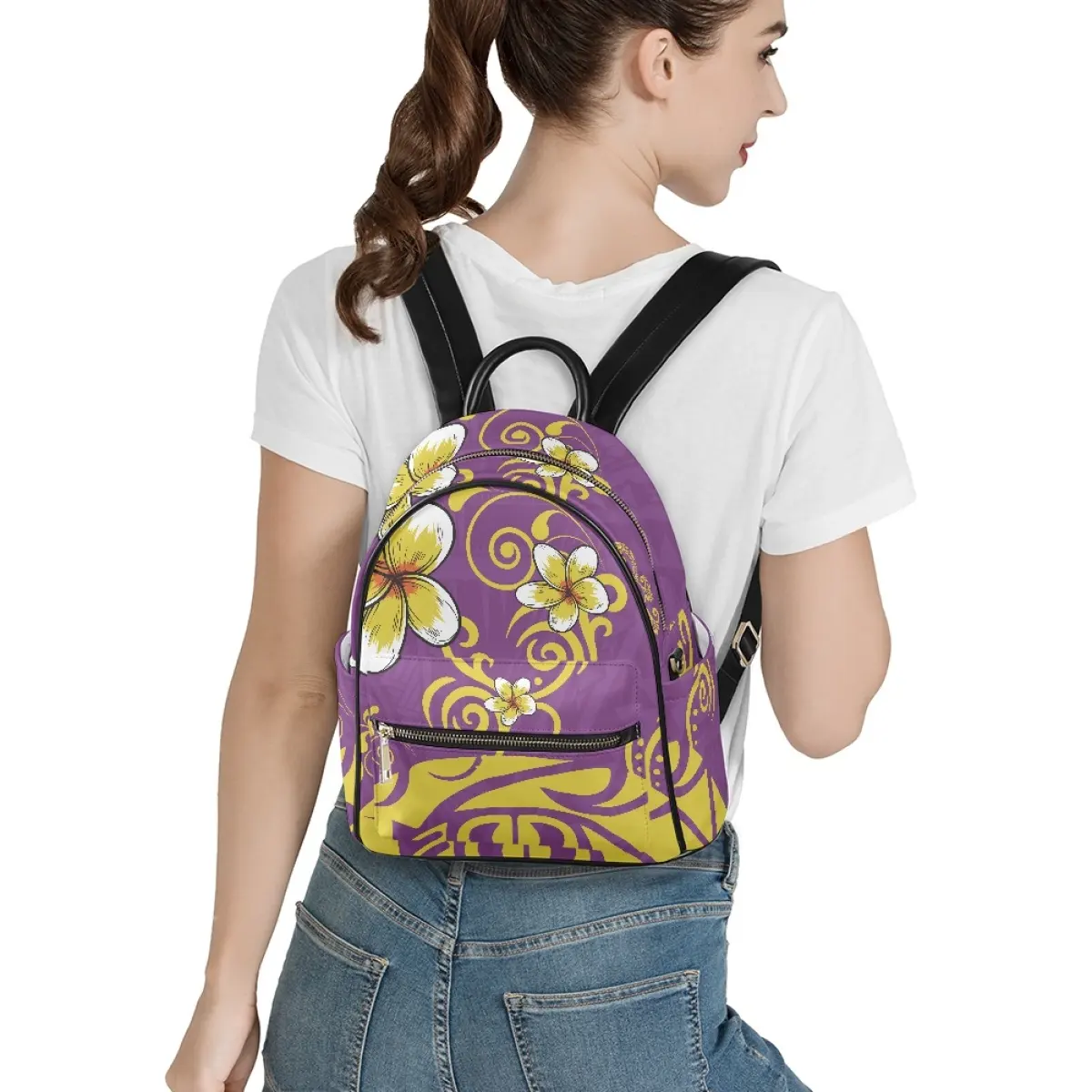 Bolso de cuero Pu de la mejor calidad Plumeria Flower Polynesian Tribal Printed Ladies Small Cute Back Pack Girls School Mini mochila