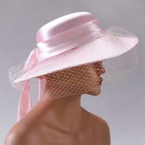 Nouveau chapeau de soleil tendance pour femmes Kentucky Derby à large bord chapeau de fête de mariage d'église en satin avec voile en maille et gros nœud papillon - Product Image 2