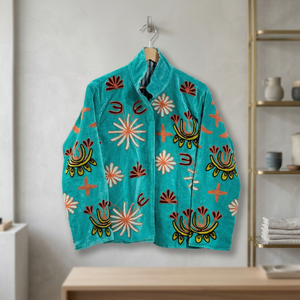 Unique Design Hand Embroidered Floral Pattern Full Sleeve Autumn <b>Women's</b> Coat Turquoise <b>Velvet</b> Mandarin Collar <b>Jacket</b> - Product Image 3