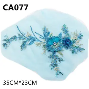 3D poliéster azul bordado flor rendas peito applique com lantejoulas e strass para dançar vestido roupas CA077