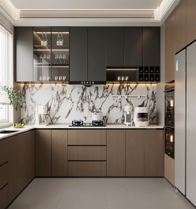 Ensemble d'armoires de cuisine en bois bicolore sur mesure, armoires de cuisine modernes sans poignées, modulaires en MDF pour projets d'appartements - Product Image 2