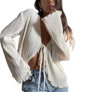 Hot Selling Woven Breathable Polyester Solid Short Casual Lace-Up Pleated <strong>Plisse</strong> Women's Blouse <strong>Tops</strong> Sexy Chic Summer Cardigan - Product Image 1