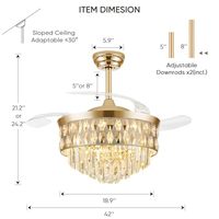 Lustre Ventilateur LED Moderne en Cristal Doré de Luxe avec Pales Rétractables Invisibles et Hauteur Réglable pour Chambre et Salon