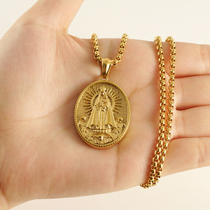 Collier rétro en acier inoxydable plaqué or 18 carats avec pendentif ovale Vierge Marie et chaîne de perles pour homme - Product Image 1