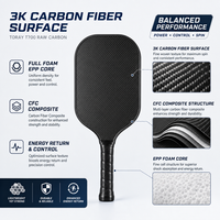 Raquette de pickleball en fibre de carbone de qualité supérieure, 16 mm d'épaisseur, de qualité tournoi, avec poignée longue et protection de bord en carbone 18K