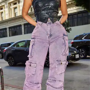 Street Wear Pockets Lavender Color Women Bleach Stone Wash Ladies High Waist Denim Jeans Wide Leg Fashion Denim Cargo Pants