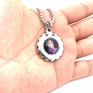Prayer Hand Pendant Stainless Steel Round Charm Bezel Setting Themed Pendants Gift <b>Necklace</b> 216079 - Product Image 2