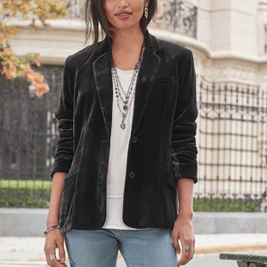 Blazer de Oficina para <span class=keywords><strong>Mujer</strong></span>, Corte Entallado, Elegante, de <span class=keywords><strong>Terciopelo</strong></span>, Cierre de un Botón, Color Sólido, Chaqueta de Traje Casual y Formal con Bolsillos - Product Image 5