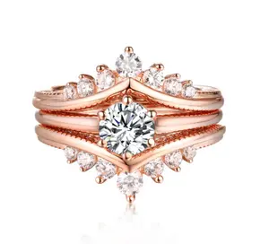 Classic 925 Sterling Silver Rose Gold Plated White Sapphire 3 Piece Ring Sets