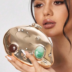 Bolso de Mano de Mujer con Forma de Huevo, Cadena Metálica, Estilo Clutch, Adornado con Piedras de Mármol, para Fiestas y Eventos - Product Image 1