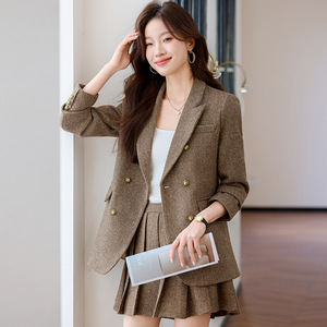 Women's Herringbone <b>Blazer</b> Skirt Suit <b>Set</b> Full Sleeve Autumn Casual Anti-Wrinkle Short Skirt Outfit - Product Image 4