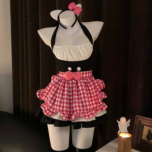 Ensemble YIMS Hot Girl Maid Style, doux et mignon, tablier à carreaux pour femme, robe patchwork cintrée à la taille, ensemble deux pièces 9623 - Product Image 5