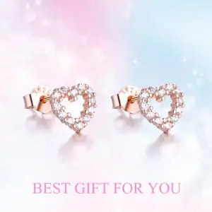 High Quality Hypoallergenic 925 Sterling Silver Rose Gold Plated Zirconia Heart Stud Earrings