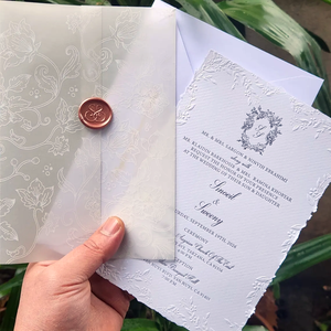 Invitación de Boda con Relieve, Papel Hecho a Mano con Borde Rústico, Bolsillo de Papel Vellum y Sobre para Celebración, Faire <span class=keywords><strong>Part</strong></span> De Mariage - Product Image 1