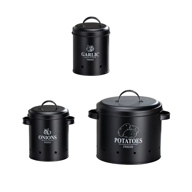 Round Black Metal Potato Onion Garlic Storage Containers Vegetable Storage Bins With Handle