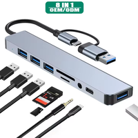 Nouvelle station d'accueil USB-C 8-en-1 OEM avec lecteur de cartes TF/SD, répartiteur PD et hub USB 3.0 pour ordinateur portable – Nouveau design en boîte