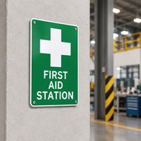 Panneau d'identification d'urgence en aluminium à bords lisses, résistant aux intempéries, pour station de premiers secours, croix verte multi-scénarios