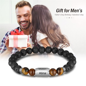 <span class=keywords><strong>Bracelet</strong></span> personnalisé en pierre de lave naturelle et perles œil de tigre avec nom gravé, breloque en acier inoxydable, bijou extensible pour <span class=keywords><strong>homme</strong></span> - Product Image 4