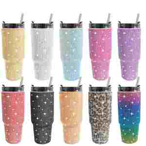 แก้วน้ำคริสตัลวิบวับประดับเพชรระยิบระยับ พร้อมหลอดและฝาปิด - Product Image 1