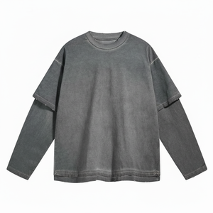 Nuevo estilo Vintage de doble capa de manga larga de algodón lavado para hombre, Camisetas estampadas de gran tamaño con hombros caídos, camiseta desgastada - Product Image 1