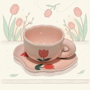 Tasse et soucoupe à café irrégulière nordique faite à la main en céramique, ensemble de tasse à thé créative à fleurs de l'après-midi, tasse à lait domestique mignonne, vente en gros - Product Image 3