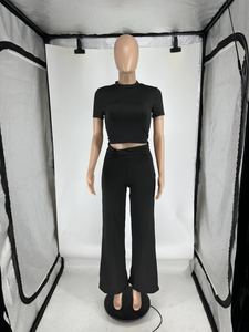 Viviblook Z422ST01 Summer Short Sleeved <b>Crop</b> <b>Top</b> High Waist Wide Leg Pants 2 Pcs Yoga Sets Sportswear Gym Clothing Outfits - Product Image 4